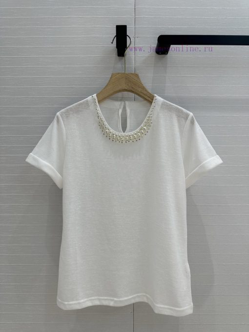 BT76589 Zim * 25 Spring/Summer New Heavy Industry Pearl Crystal Collar T-shirt Hand Sewn With P p4bz1v35
