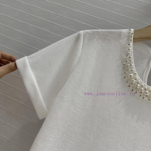 BT76589 Zim * 25 Spring/Summer New Heavy Industry Pearl Crystal Collar T-shirt Hand Sewn With P p4bz1v35 - Image 4