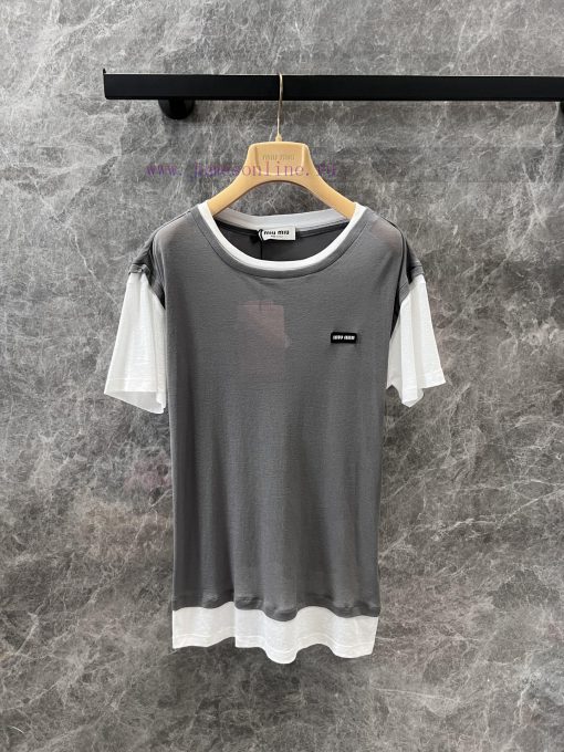 ZT60727 Miumi * 25Ss Spring/Summer New Micro Label Fake Two Piece Round Neck Short Sleeve T-shi wfy8dar7
