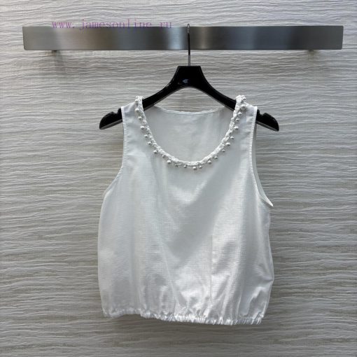 CT76595 Chanel 25 Summer New Collection Chanel Style Pearl Round Neck White Tank Top Pearl Buck 0jxk4r3e