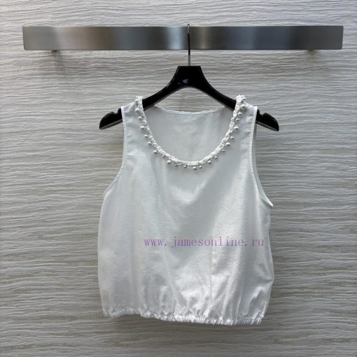 CT76595 Chanel 25 Summer New Collection Chanel Style Pearl Round Neck White Tank Top Pearl Buck 0jxk4r3e - Image 2