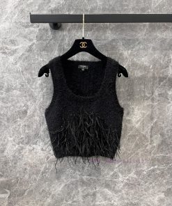 ZT60758 Chanel 25P Early Spring New Water Diamond White Feather Splicing Knitted Tank Top | YB v355apah