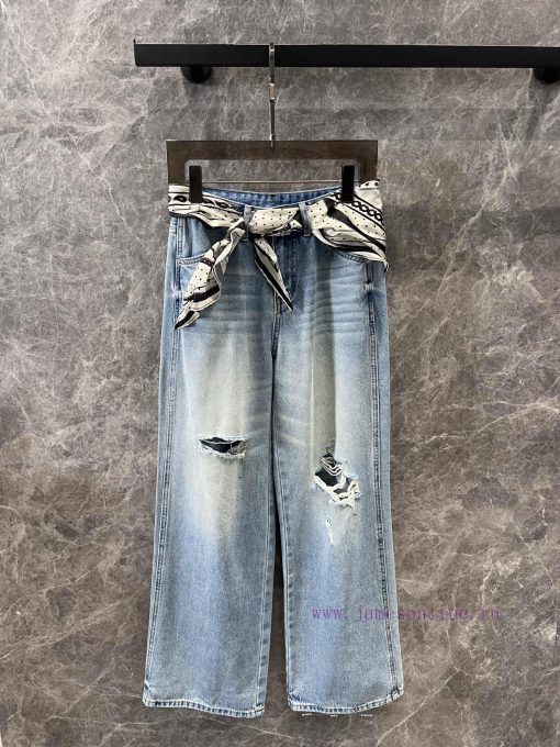 ZK60796 Hermes 25Ss Spring And Summer New Silk Scarves Decorated Perforated Denim Pants | Made gmx6y6n4