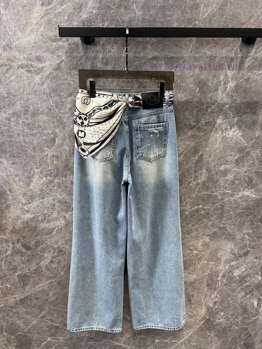 ZK60796 Hermes 25Ss Spring And Summer New Silk Scarves Decorated Perforated Denim Pants | Made gmx6y6n4 - Image 3