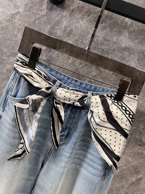 ZK60796 Hermes 25Ss Spring And Summer New Silk Scarves Decorated Perforated Denim Pants | Made gmx6y6n4 - Image 4