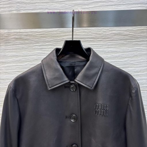 CW76751 Miu Miu 25 Spring/Summer Logo Letter Embroidered Collar Leather Jacket. The Jacket Is M wagru1wd - Image 3