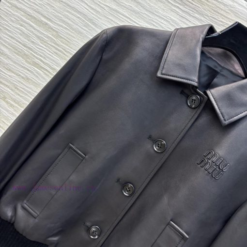 CW76751 Miu Miu 25 Spring/Summer Logo Letter Embroidered Collar Leather Jacket. The Jacket Is M wagru1wd - Image 4