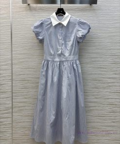 CL76779 Miu Miu 25 Spring/Summer New Collection Vertical Stripe Short Sleeve Dress Stripe Contr kl4ot8k8