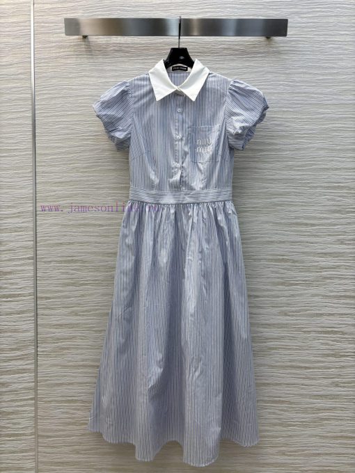 CL76779 Miu Miu 25 Spring/Summer New Collection Vertical Stripe Short Sleeve Dress Stripe Contr kl4ot8k8 - Image 2