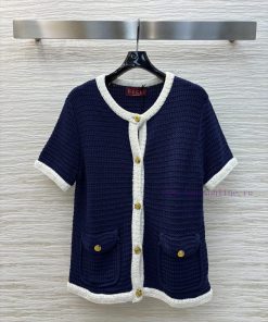 CW76781 Gucci 25 Spring/Summer Elegant And White Navy Blue Knit Contrasting Edge Knit Short Sle j9pl9z0d
