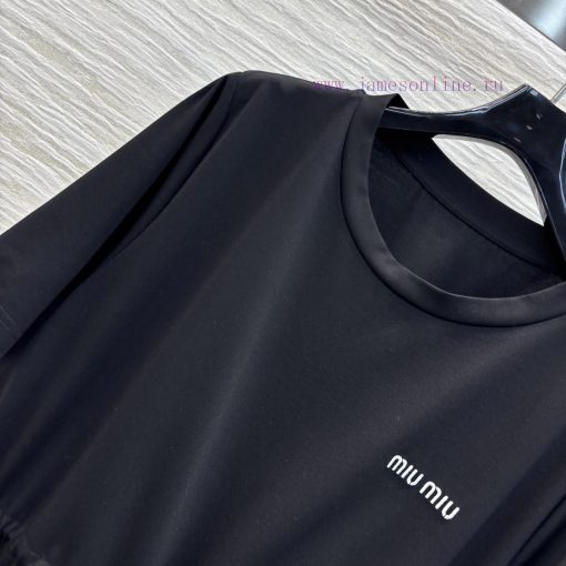CL76811 Miu Miu 25 Spring/Summer Letter Embroidered Drawstring Waist T-shirt Dress Goddess Esse qgbmfz4z - Image 4