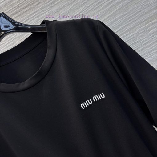 CL76811 Miu Miu 25 Spring/Summer Letter Embroidered Drawstring Waist T-shirt Dress Goddess Esse qgbmfz4z - Image 5