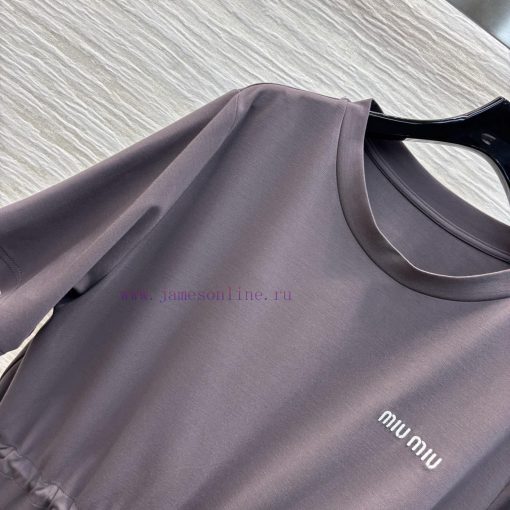 CL76811 Miu Miu 25 Spring/Summer Letter Embroidered Drawstring Waist T-shirt Dress Goddess Esse k2k01ap7 - Image 4