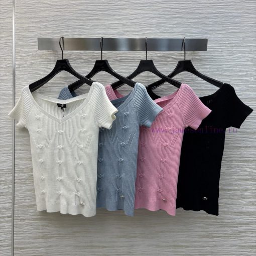 CT76857 Chanel 25 Early Spring New Collection Solid Color V-neck One Shoulder Knitted Short Sle smhs0k5f - Image 2