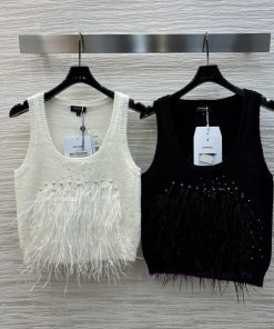 CT76858 Chanel 25 Early Spring New Collection Water Diamond Feather Splicing Knitted Tank Top W 2pcgtc0n