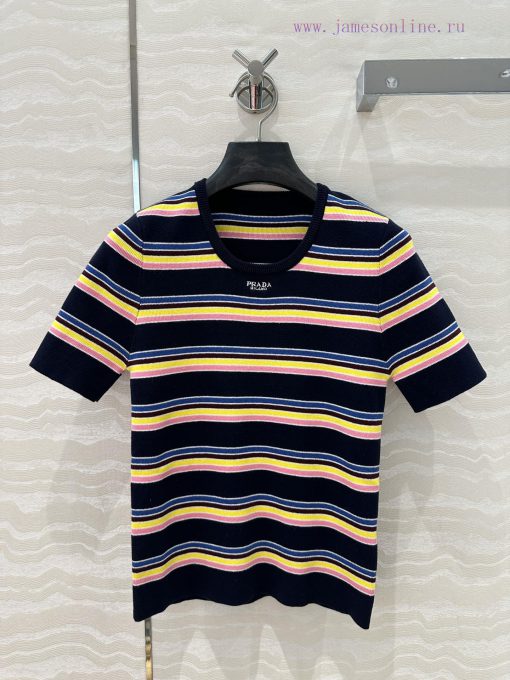 AT76700 Prada Smart Wear Five Color Striped Short Sleeve Knitted Top Classic And Versatile Fash g0alsvqd