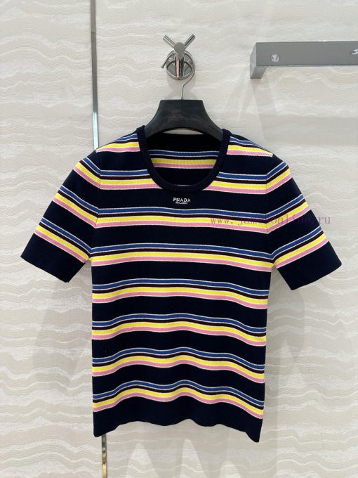AT76700 Prada Smart Wear Five Color Striped Short Sleeve Knitted Top Classic And Versatile Fash g0alsvqd - Image 2