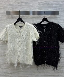 CT76970 Chanel 25 Early Spring New Collection Water Diamond Feather Splicing Knitted Short Slee 27zh5x5k