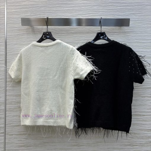 CT76970 Chanel 25 Early Spring New Collection Water Diamond Feather Splicing Knitted Short Slee 27zh5x5k - Image 9