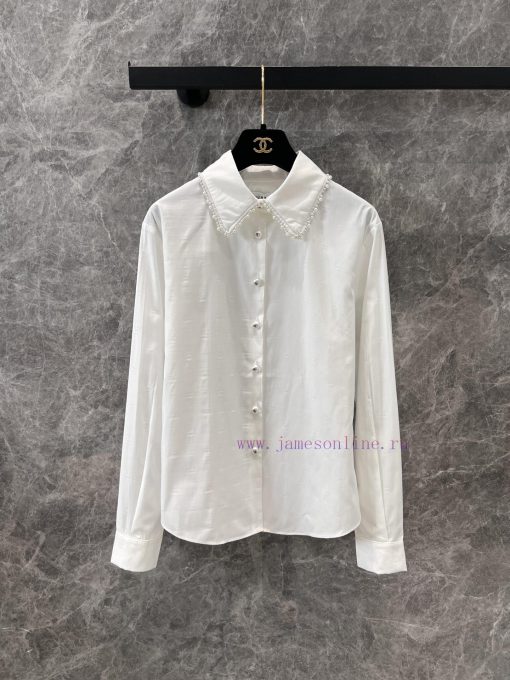 ZC60865 Chanel 25p Spring/Summer New Dark Pattern Logo Pearl Edged White Shirt | YB Developed A clh3dsmr