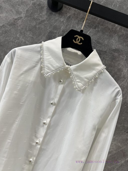 ZC60865 Chanel 25p Spring/Summer New Dark Pattern Logo Pearl Edged White Shirt | YB Developed A clh3dsmr - Image 4