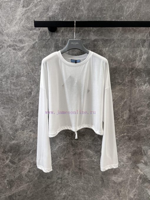 ZT60878 Prada 25Ss Spring/Summer New White Short Drawstring Long Sleeve T-shirt | Made Of Pure 02anrm35 - Image 2