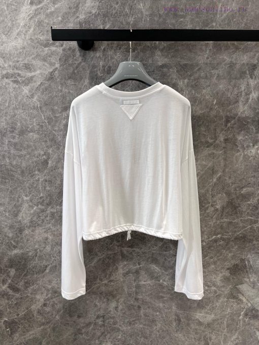 ZT60878 Prada 25Ss Spring/Summer New White Short Drawstring Long Sleeve T-shirt | Made Of Pure 02anrm35 - Image 3