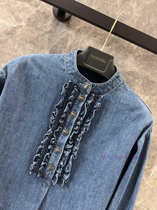 ZC60877 Valentino 25Ss Spring/Summer New Retro Palace Wind Pressure Folded Lace Denim Shirt | P 4msbgi1a - Image 4