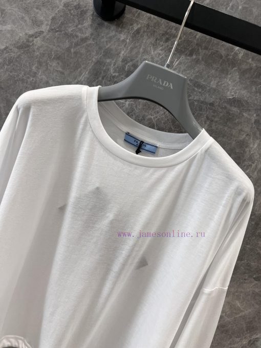 ZT60878 Prada 25Ss Spring/Summer New White Short Drawstring Long Sleeve T-shirt | Made Of Pure 02anrm35 - Image 4