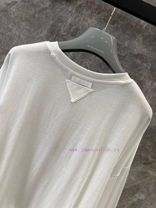 ZT60878 Prada 25Ss Spring/Summer New White Short Drawstring Long Sleeve T-shirt | Made Of Pure 02anrm35 - Image 5