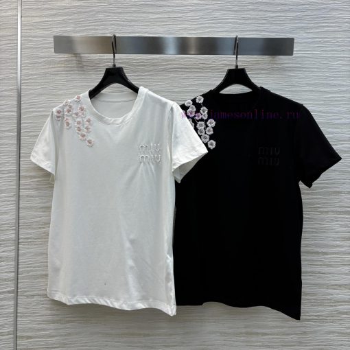 CT77015 Miu Miu 25 Spring/Summer New Collection Classic Short Sleeve T-shirt With Nail Bead Flo gzdeu9rx