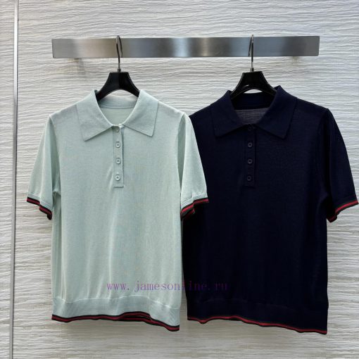CT77058 Gucci 25 Early Spring New Item Polo Collar Knitted Short Sleeved T-shirt With Red And G 10imk16y