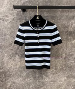 ZT60907 Chanel 25Ss Spring/Summer New Round Neck Button Contrast Stripe Short Sleeve Knitted To y2j2ko2m