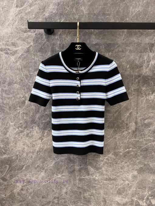 ZT60907 Chanel 25Ss Spring/Summer New Round Neck Button Contrast Stripe Short Sleeve Knitted To y2j2ko2m - Image 2