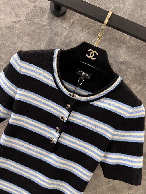 ZT60907 Chanel 25Ss Spring/Summer New Round Neck Button Contrast Stripe Short Sleeve Knitted To y2j2ko2m - Image 4
