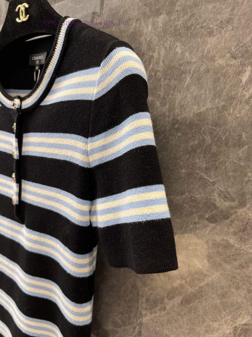 ZT60907 Chanel 25Ss Spring/Summer New Round Neck Button Contrast Stripe Short Sleeve Knitted To y2j2ko2m - Image 7