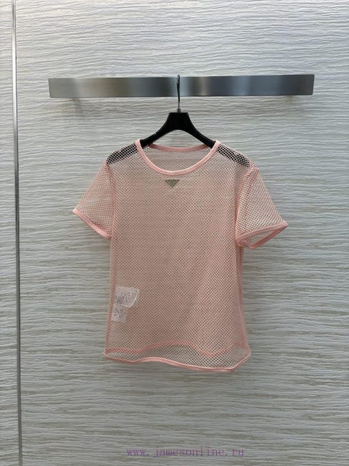 CT77105 Prada 25 Spring/Summer Pink Cotton Mesh T-shirt With Unique Age Reducing And Casual Sty wu4fir4z - Image 2