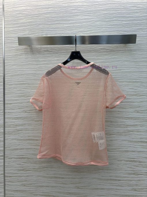 CT77105 Prada 25 Spring/Summer Pink Cotton Mesh T-shirt With Unique Age Reducing And Casual Sty wu4fir4z - Image 9