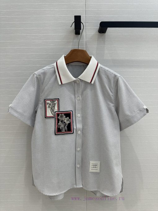 Strongly Recommend BC77118 Tho * B * 25s New College Style Short Sleeved Slim Striped Shirt Emb k7nid29w
