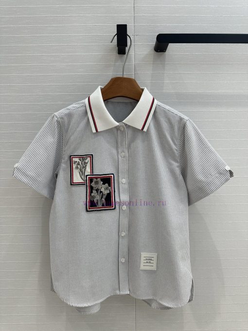Strongly Recommend BC77118 Tho * B * 25s New College Style Short Sleeved Slim Striped Shirt Emb k7nid29w - Image 2