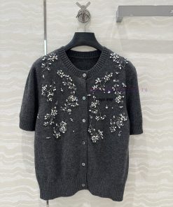 AW76355 Miu Miu Girl Dress Up Nail Bead Flower Water Diamond Short Sleeve Cashmere Cardigan Wit yv3idyin
