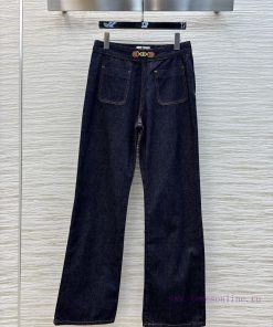 CK77172 Celine 25 Spring/Summer Metal Leather Buckle Design Denim Straight Leg Pants Original C 7oks5bd0