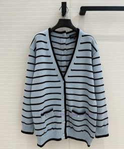 High End Quality ️ 25s New Product BW76900 Coco Chanel Girls' Macaron Blue Striped V-neck Long cajg664b