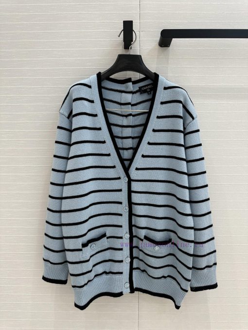 High End Quality ️ 25s New Product BW76900 Coco Chanel Girls' Macaron Blue Striped V-neck Long cajg664b