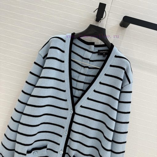 High End Quality ️ 25s New Product BW76900 Coco Chanel Girls' Macaron Blue Striped V-neck Long cajg664b - Image 3
