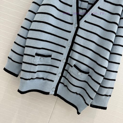 High End Quality ️ 25s New Product BW76900 Coco Chanel Girls' Macaron Blue Striped V-neck Long cajg664b - Image 7