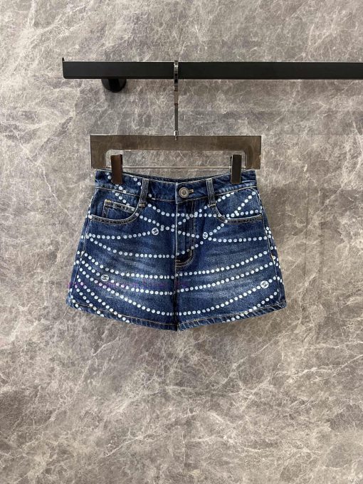 ZK60988 Chanel 25Ss Spring/Summer New Laser Pearl Chain Denim Shorts | Customized YB Twill Cott wnjvdoew - Image 2