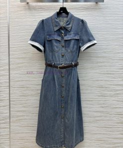 CL77205 Spring/Summer 25 Belt Design Short Sleeve Cowboy Dress With Lace Edging At Cuffs This D 29rqep7j