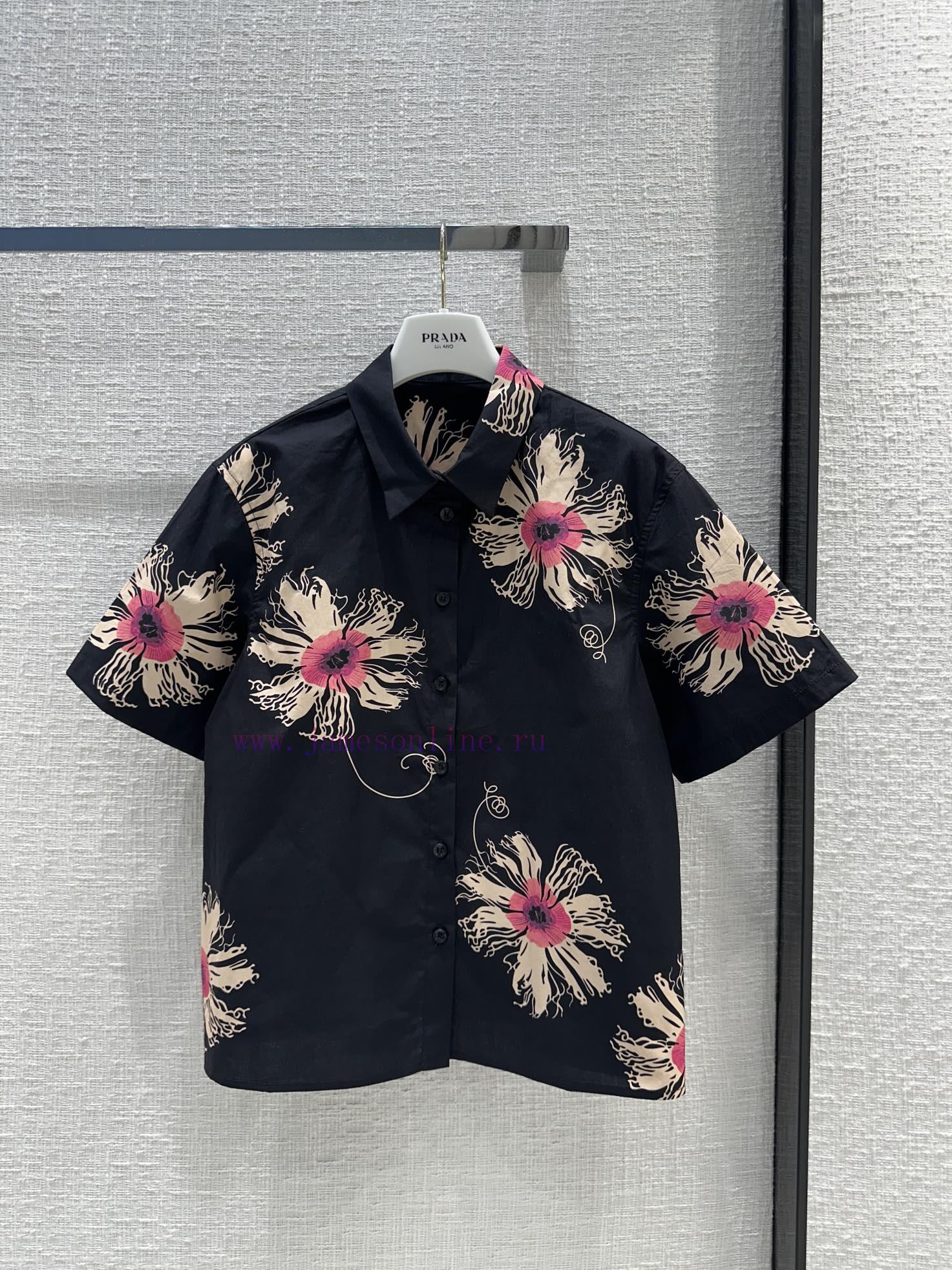 Highly Recommended BT67991 Prada 24 New Product Black Floral Print Short Sleeved Shirt Summer R g4yj9pi4