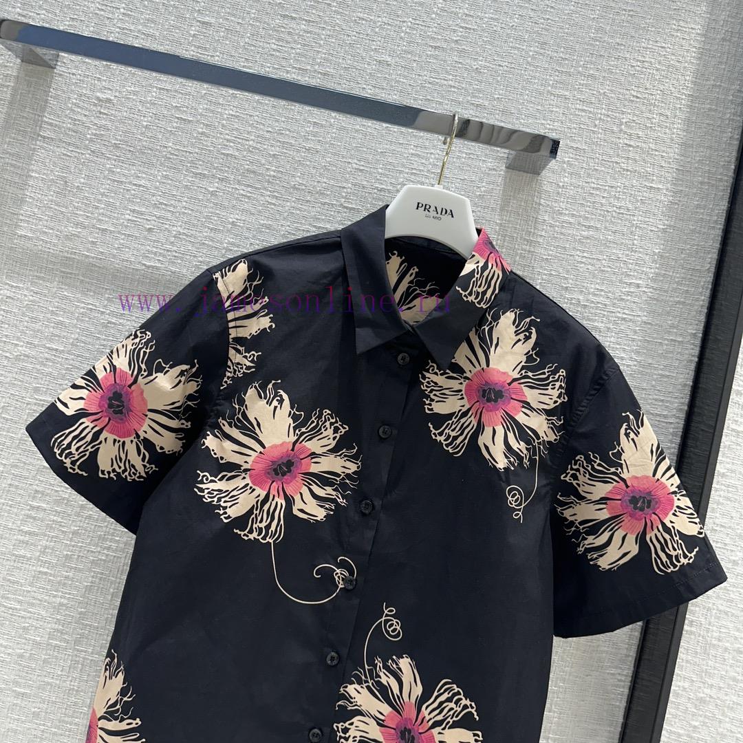 Highly Recommended BT67991 Prada 24 New Product Black Floral Print Short Sleeved Shirt Summer R g4yj9pi4 - Image 3